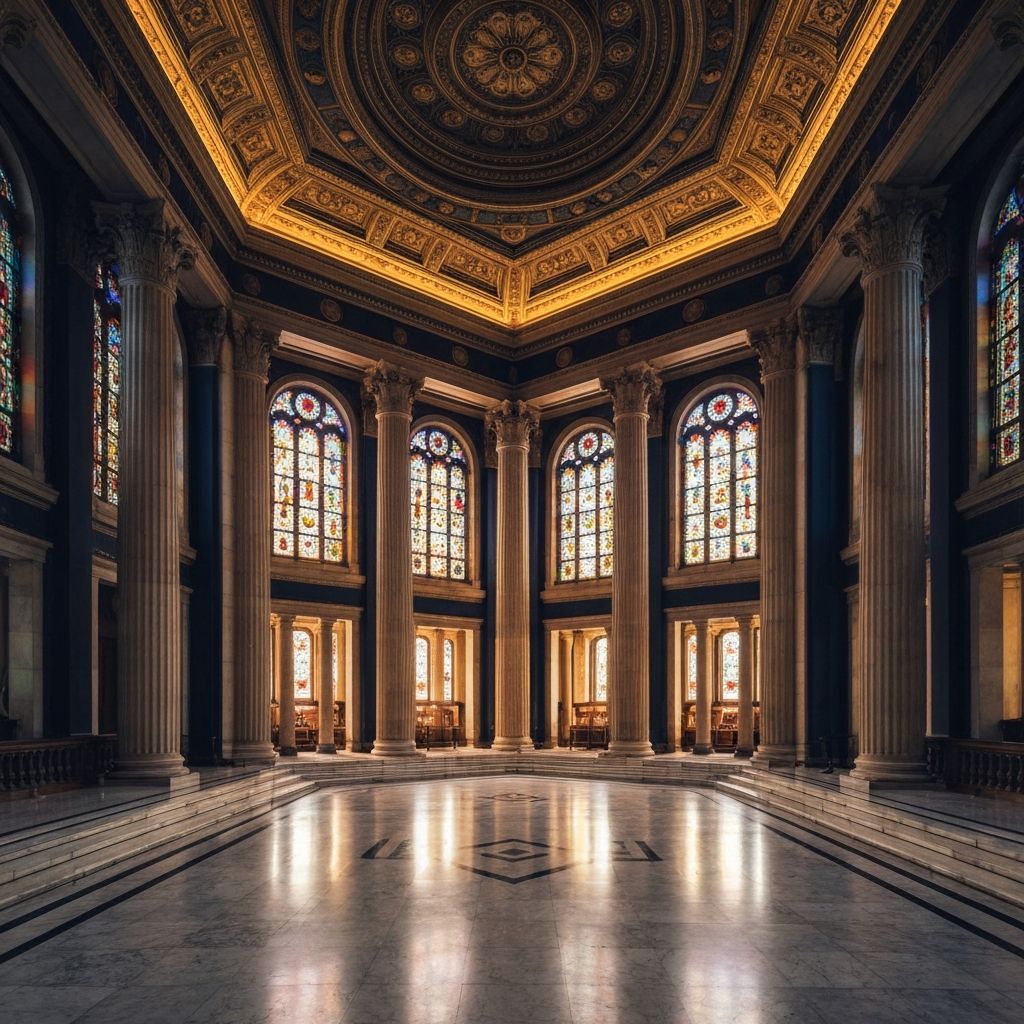 Interior of the Santa Rosa Scottish Rite Temple featuring classical architecture with ornate columns and ceremonial seating